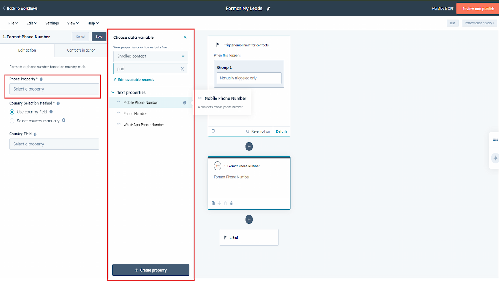 Select the phone property that needs to be formatted.